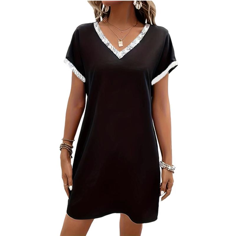 sequin dress short color sexy V-neck stitching women