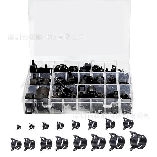 跨境10pcs盒装黑色65锰钢日式卡箍燃油管弹性抱箍6-25mm组合套装