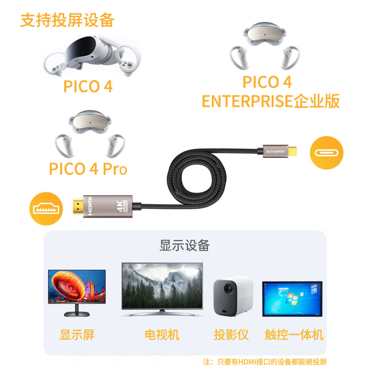 PICO 4/Pro/4E企业版PICO VR眼镜投屏线直连同屏即插即用画质超清