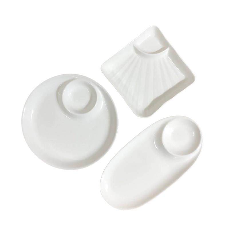 虾盘带醋碟纯白陶瓷圆形方形有格子寿司盘月光点心菜碟家用菜盘饺