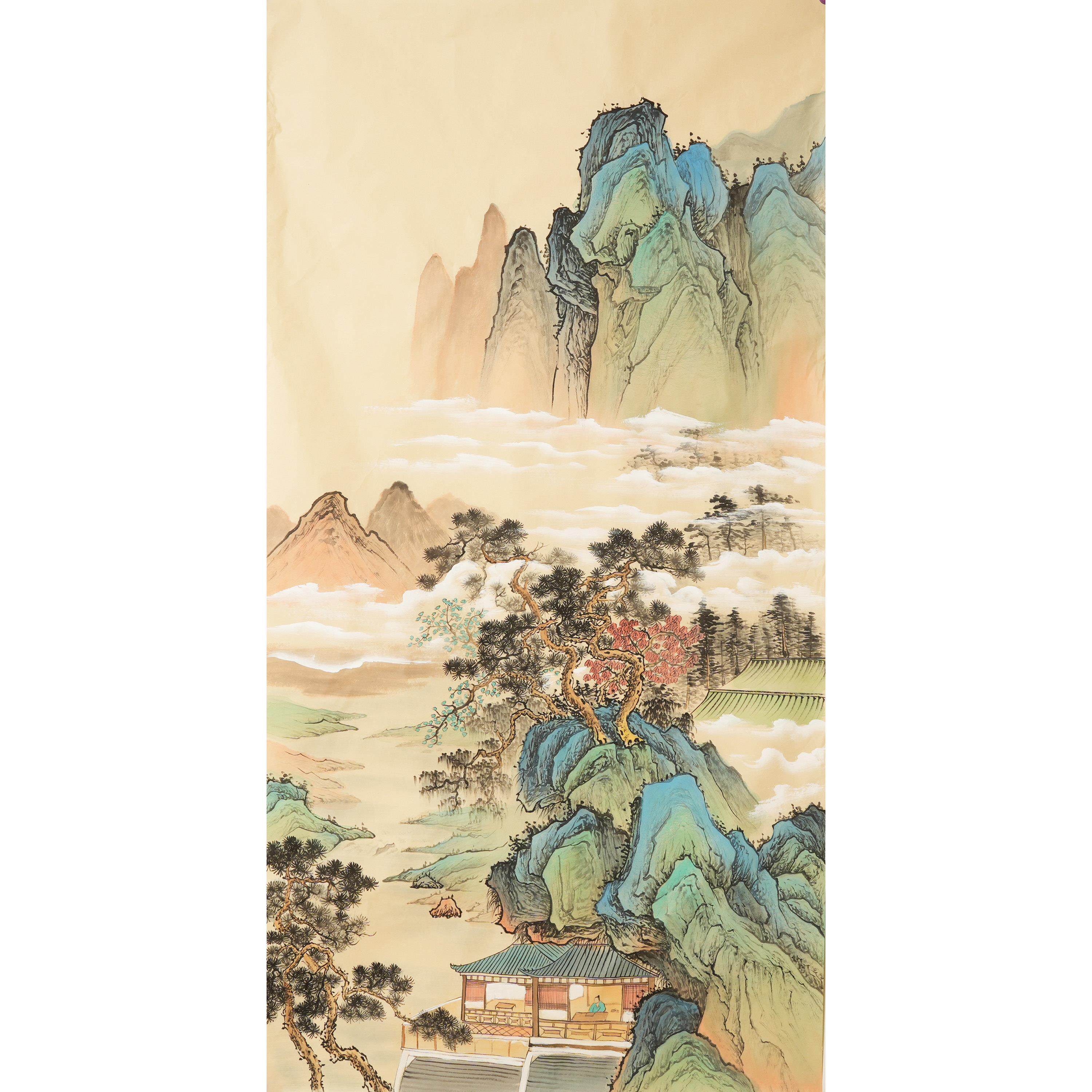 仿古青绿山水画装饰画纯手绘国画水墨画四尺字画无款画没题字0429