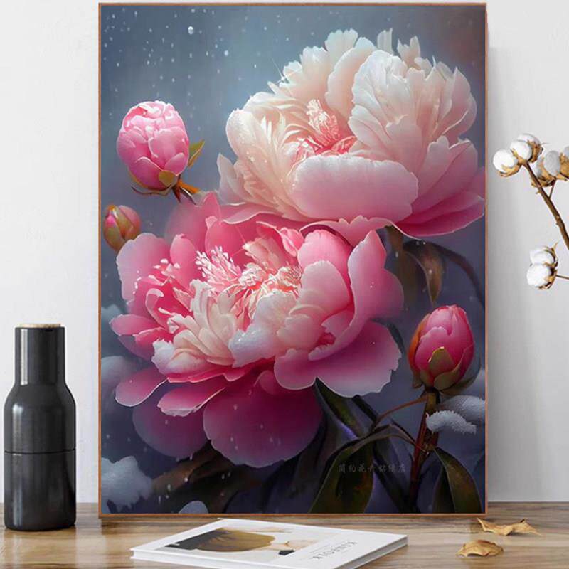 高级感牡丹花卉钻石画2024年新款手工5d点贴钻十字绣客厅餐厅满钻