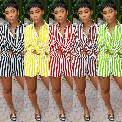 Women's Summer Striped Two-Piece Set  Loose Short Sleeve