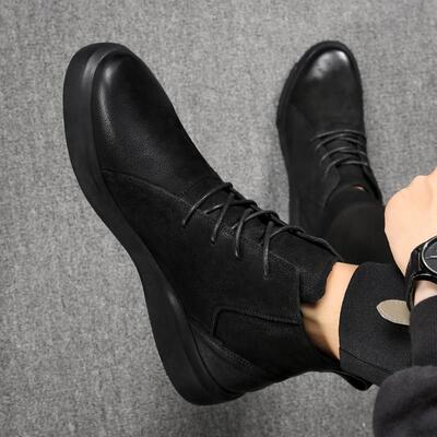 高档男士休伦闲皮鞋024新款潮真鞋子男款中2帮靴子秋冬皮季高帮英
