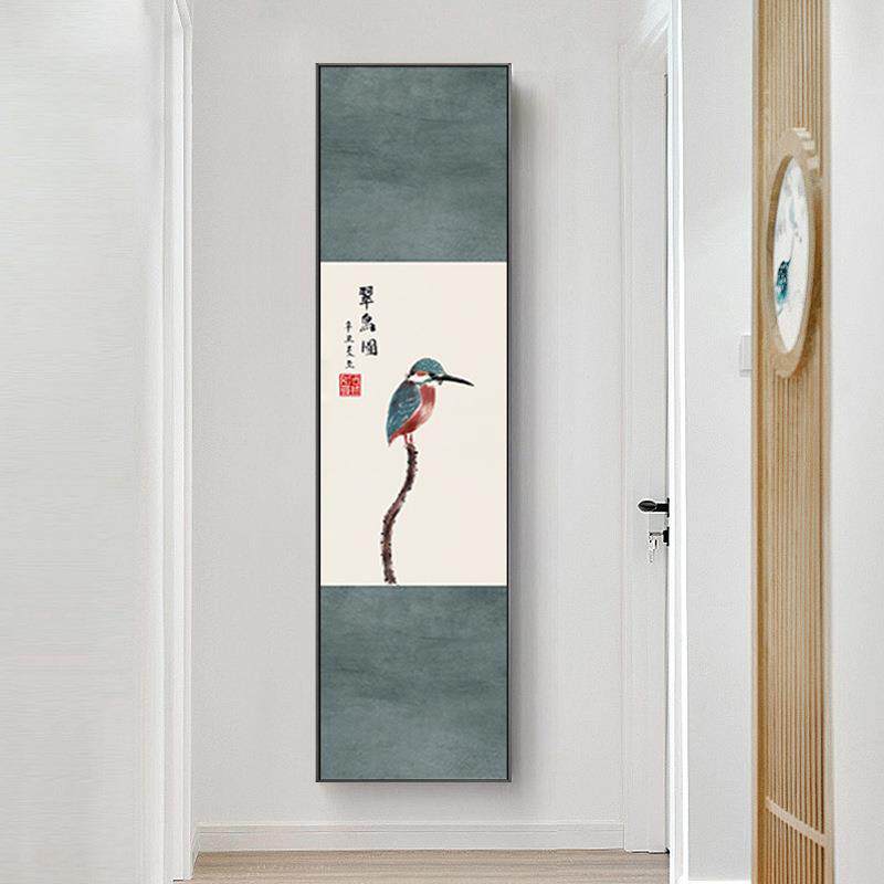 花鸟入户玄关装饰画竖版新中式走廊过道壁画荷花茶室挂画翠鸟画