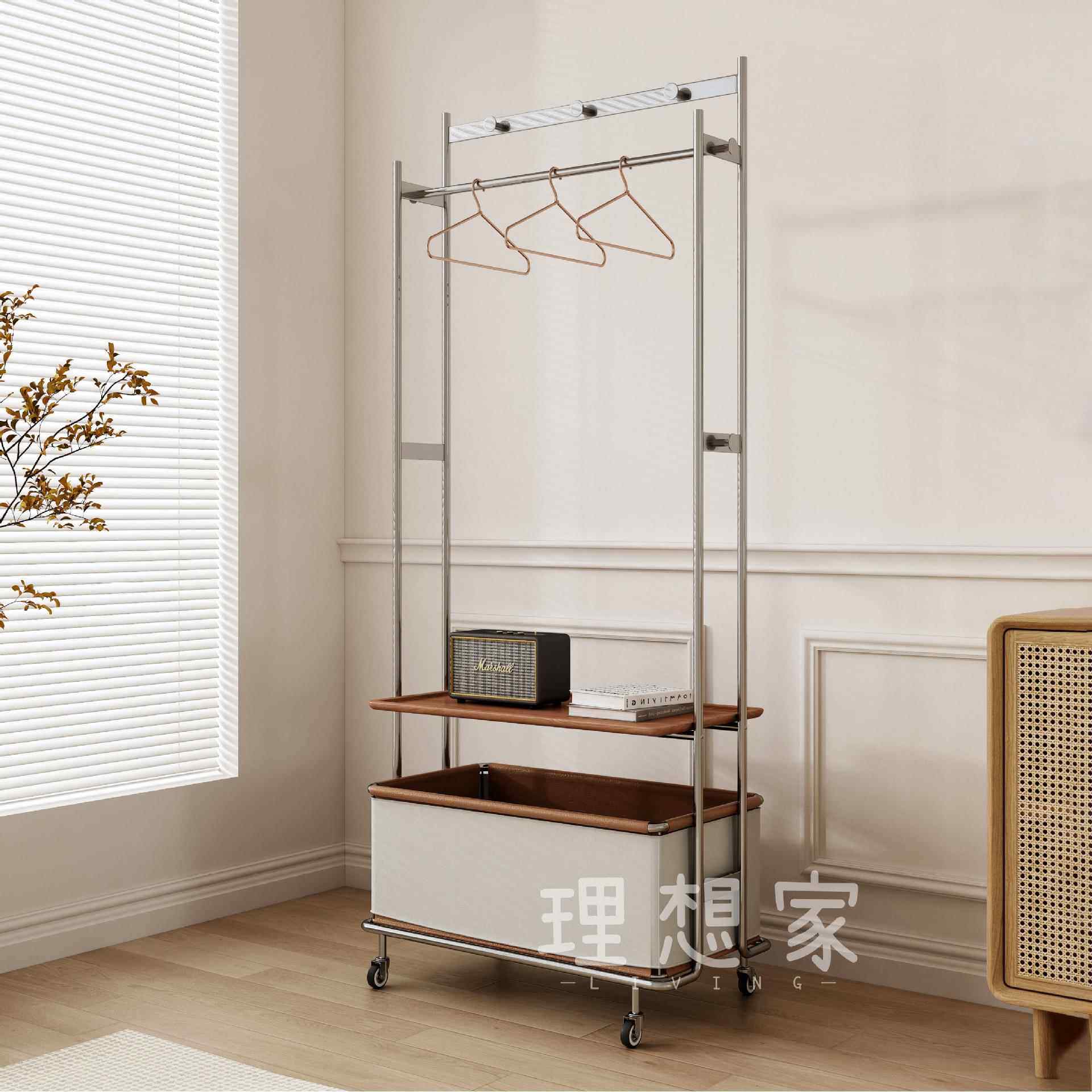 中古实木不锈钢挂衣架可移动落地衣帽架小户型多功能卧室置物架子