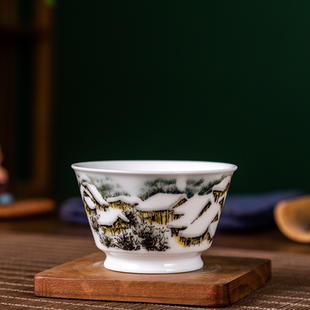 国家级大师刘培竹手绘品茗杯健康茶器家用单杯 雪景图陶瓷主人杯