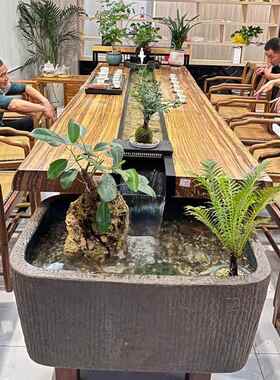 环HM10流水茶桌养鱼茶台创意景观一体新中全式实木曲茶桌椅水流觞