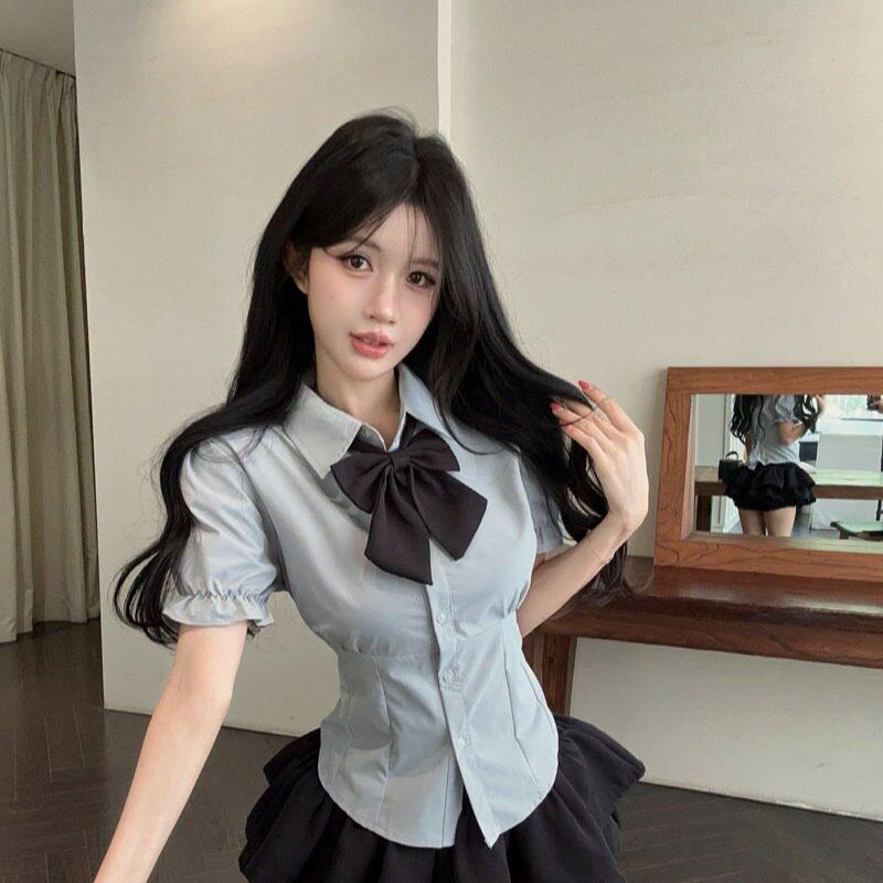 2026夏季新款校园制服泡泡袖衬衫女修身百搭减龄韩版上衣工作服