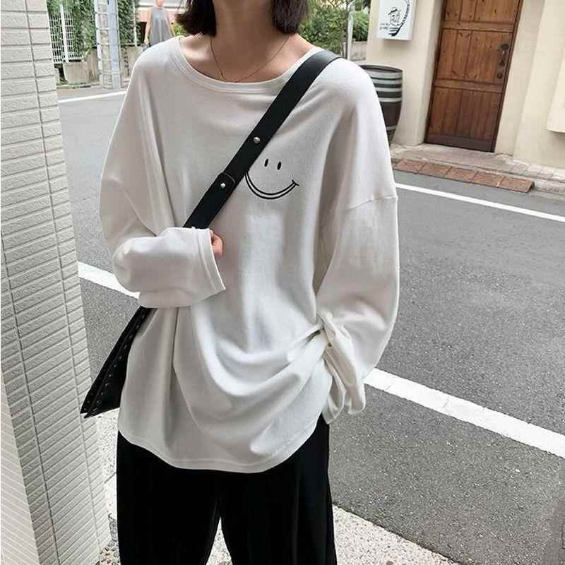 笑脸长袖t恤女2025秋季韩版新款圆领宽松女士外贸打底衫学生上衣
