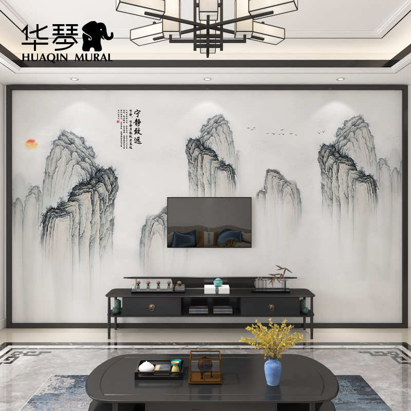 新中式意境山峰电视背景墙壁纸客厅沙发茶室书房墙纸宁静致远墙布