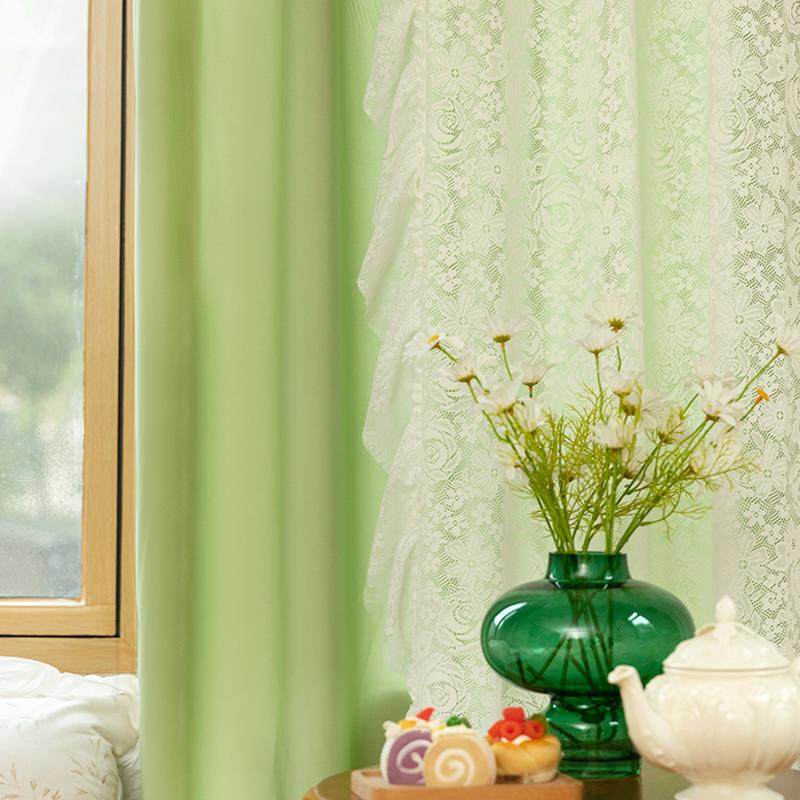 法式窗帘双层蕾丝纱定制高级感抹茶绿窗纱客厅卧室纱帘透光不透人