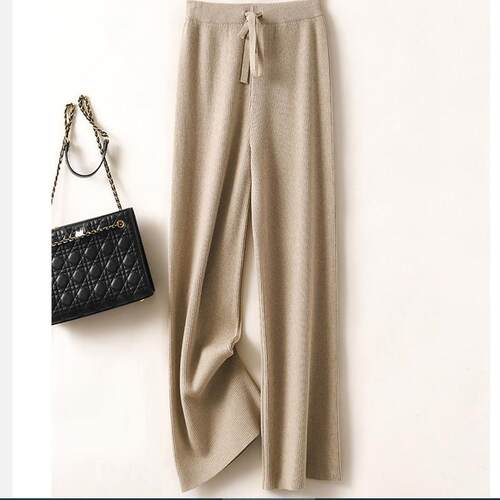 Knitted wide leg pants for women, high waisted straight