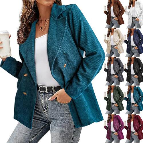 Women's Solid Double Button Lapel Neck Corduroy Blazer