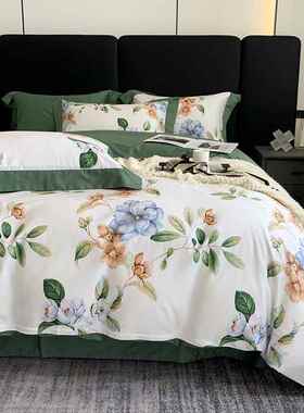 V45O四季100s床上四件套纯棉被套巴宝格子床单印花长绒棉