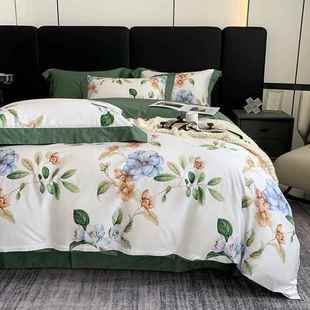 V45O四季 100s床上四件套纯棉被套巴宝格子床单印花长绒棉