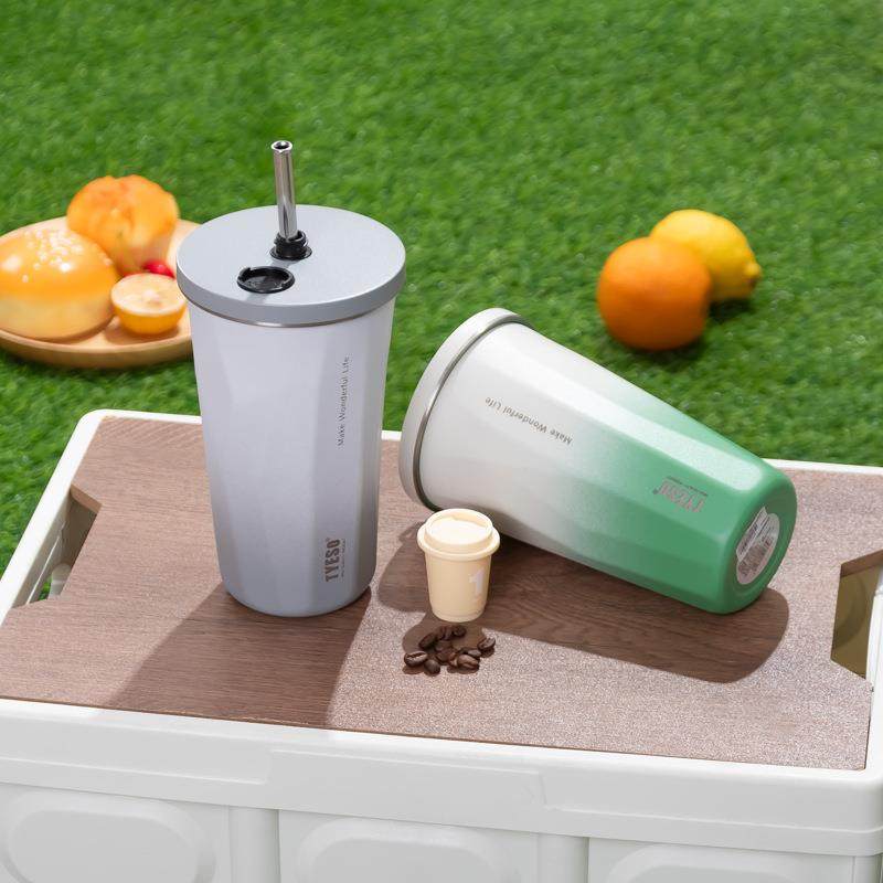 新款泰硕保温杯渐变色带吸管男女高颜值简约tyeso冰霸保冷咖啡杯