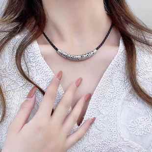 新品弯管路路通镂空工艺复古名族风百搭个性皮绳足银项链礼物