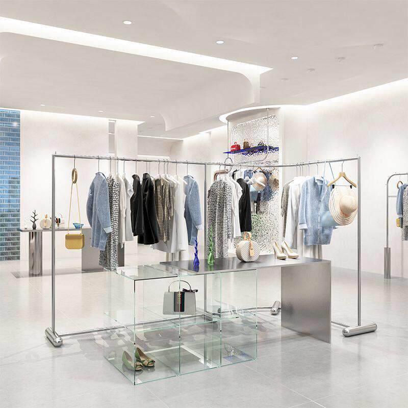 不锈钢店铺中间L形弧形中岛货架落地式男女装店陈列中岛架挂衣杆