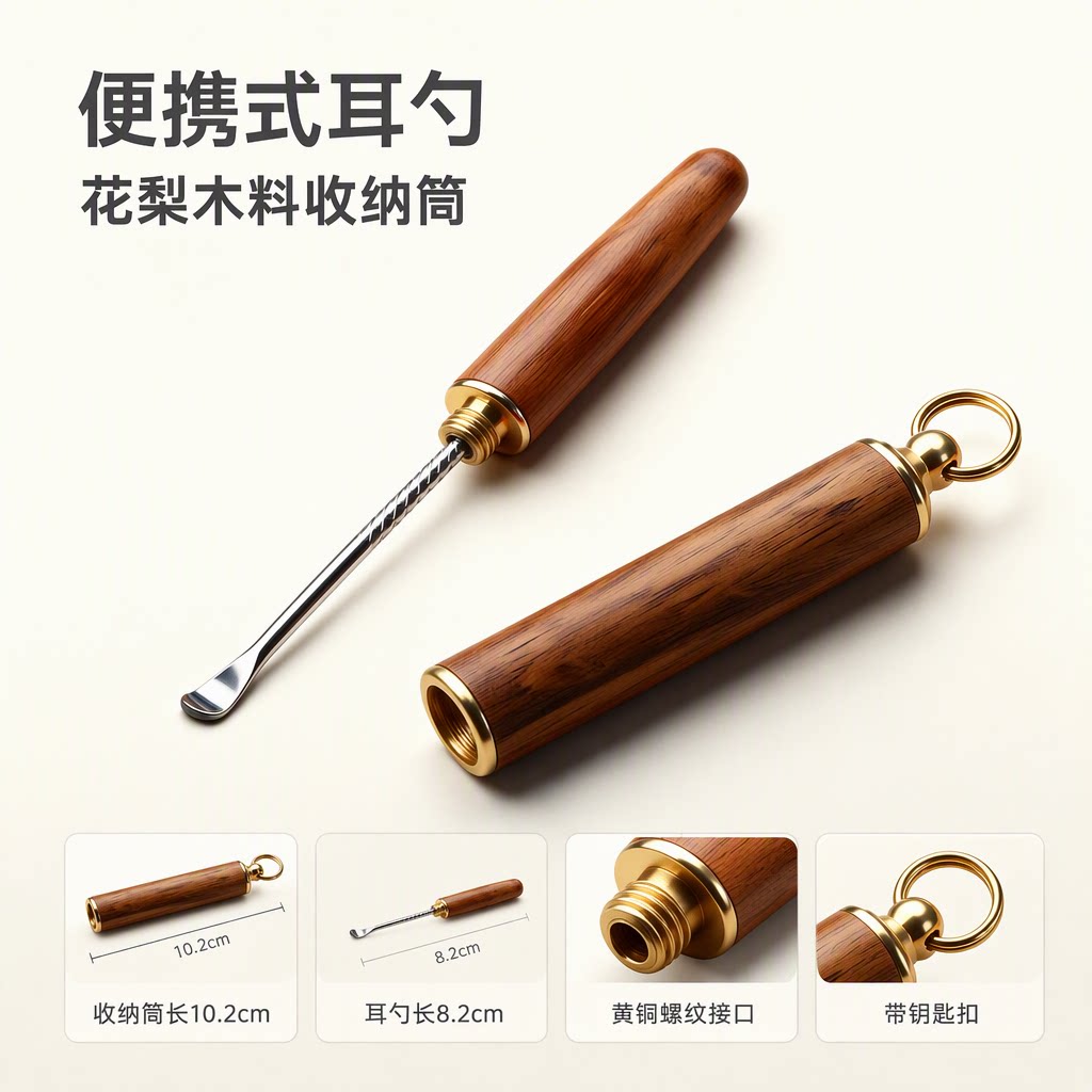 便携花梨木筒不锈钢耳勺金属头黄铜钥匙扣家用挖耳勺清洁掏耳扒