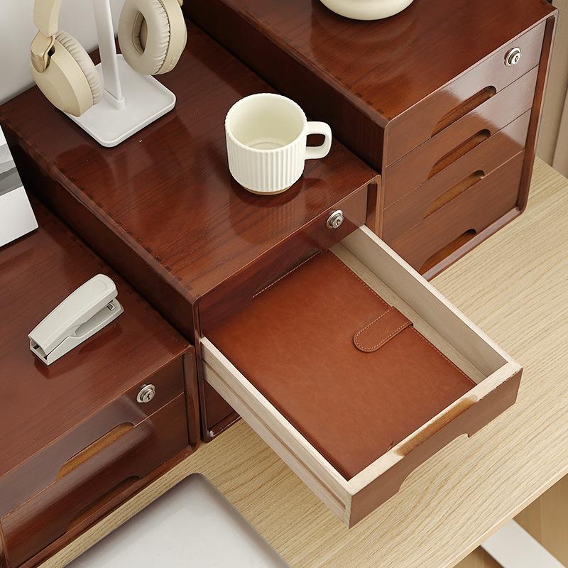 实木桌面收纳盒抽屉式办公室多层A4纸储物柜学生木质杂物加锁新品