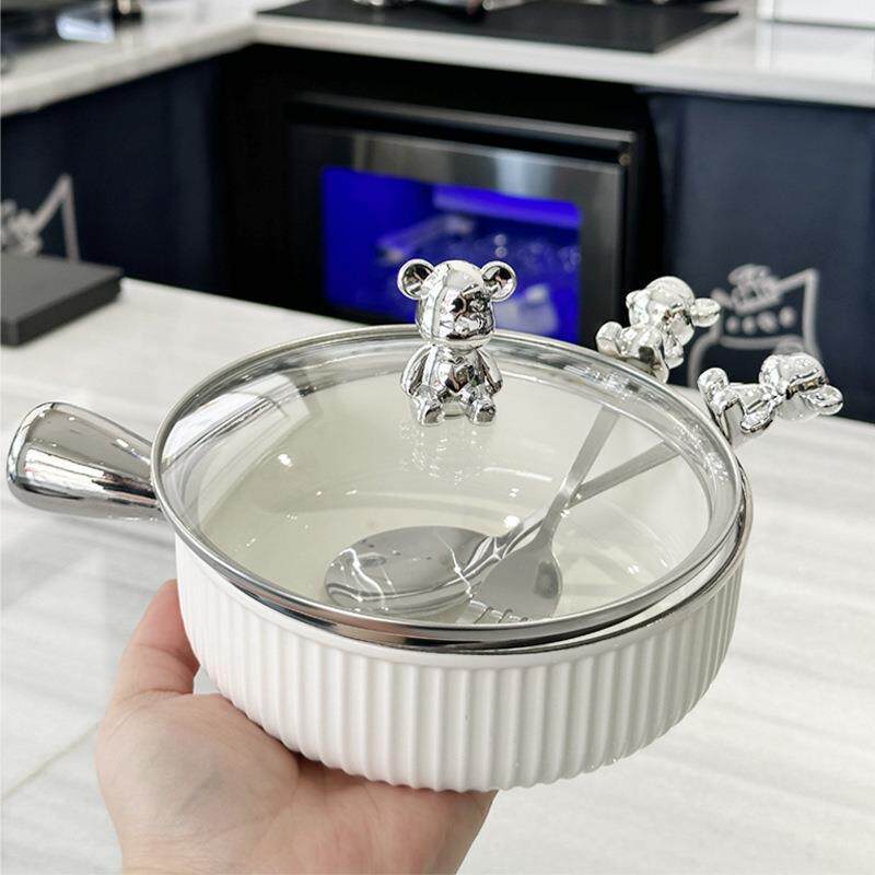 轻奢高颜值银色水果碗手柄碗沙拉碗家用餐具陶瓷碗泡面碗盘子汤碗