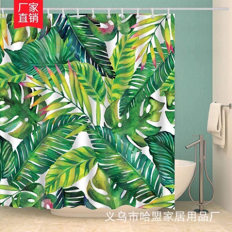 现货供应数码印花大绿叶涤纶布浴帘防水隔帘门帘卫生间帘子家居