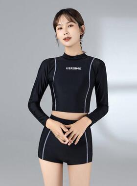 长袖防晒黑色高腰拳击手拆分泳衣女在温泉覆盖肉使他们看0614r