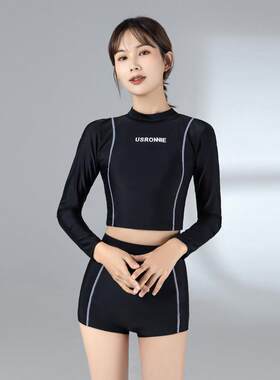 长袖防晒黑色高腰拳击手拆分泳衣为妇女在温泉覆盖肉使他们0719z