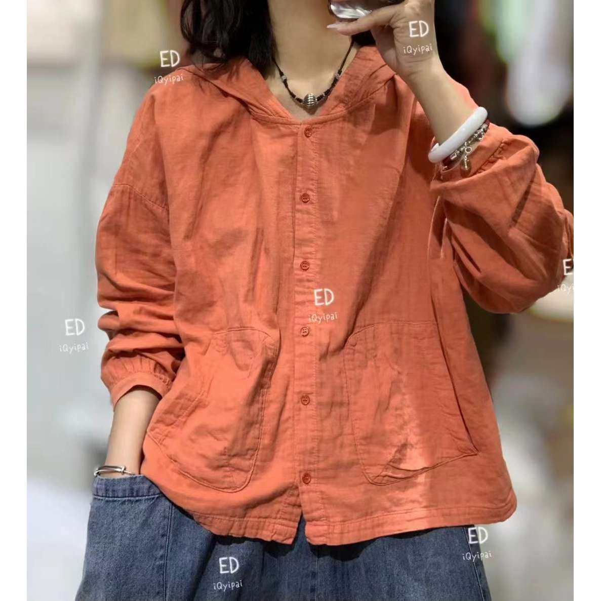 欣欣 秋季新款连帽长袖T恤衫女文艺休闲宽松开衫薄款外搭衬衫