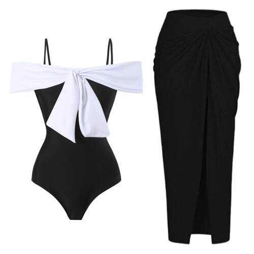 Women's swimsuit patchwork two piece skirt conservative