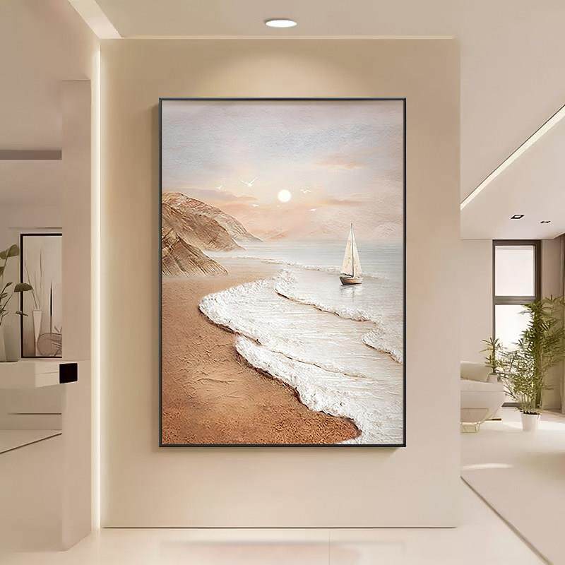 手绘油画大海风景奶油风客厅装饰画大芬村立体肌理画高级玄关挂画