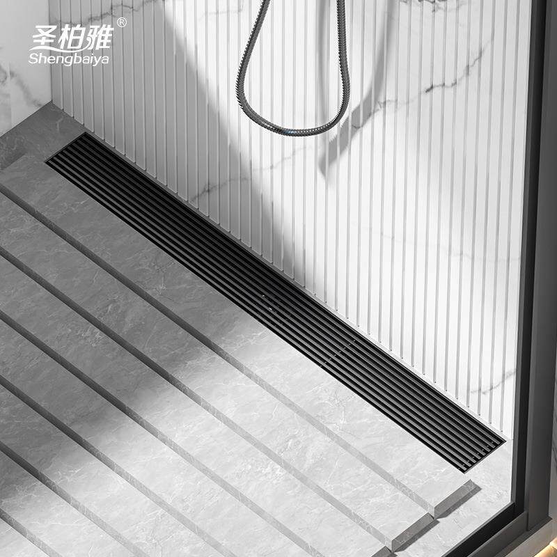 跨境黑色304不锈钢实心盖板长条型地漏 浴室下水道铜芯防臭排水