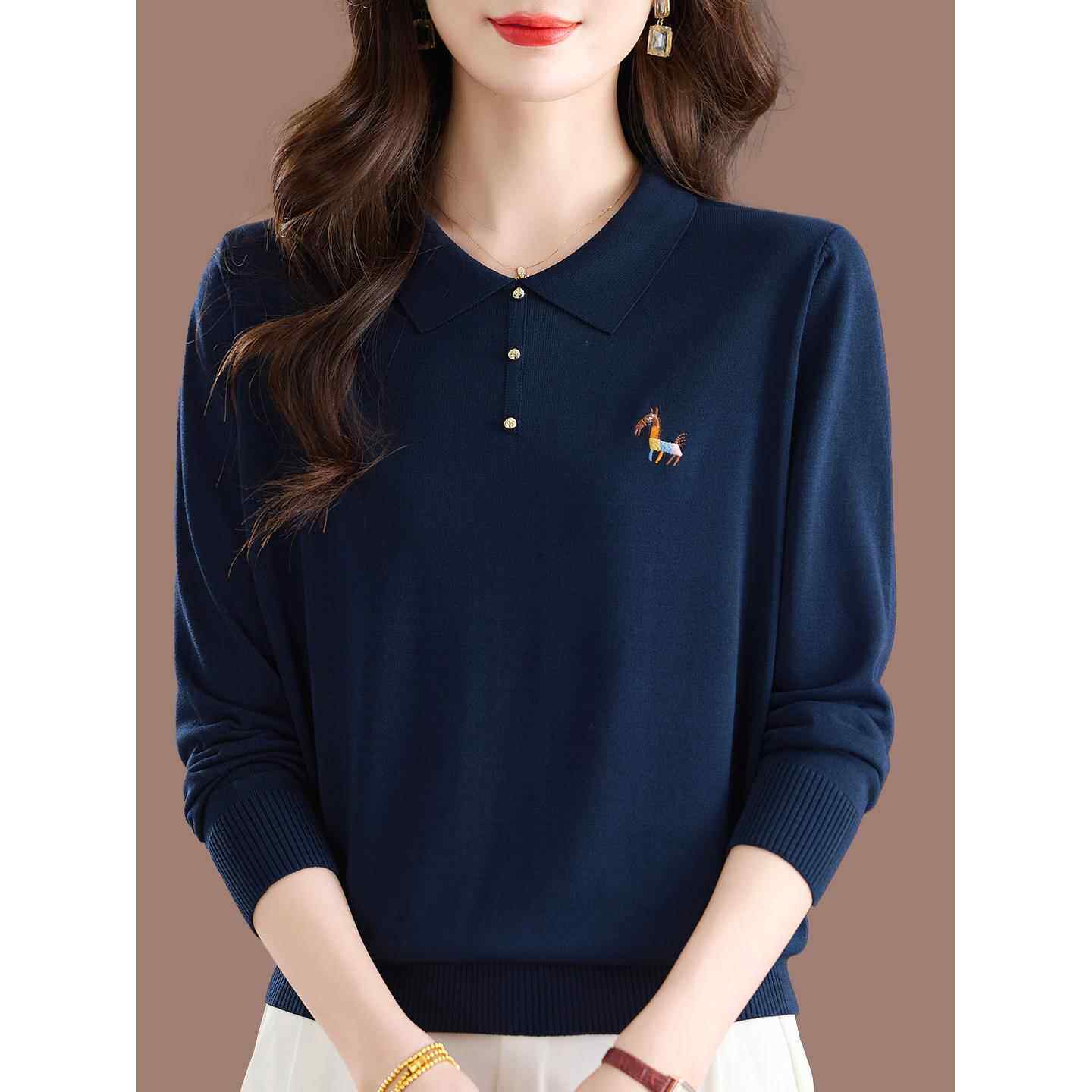 高端桑蚕丝长袖T恤女polo翻领针织小衫2025新款妈妈洋气春秋上衣