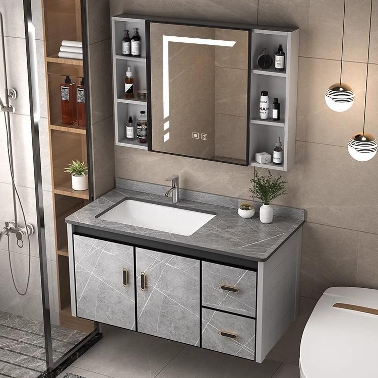 简约挂墙式太空铝浴室柜组合人造石一体盆陶瓷洗手盆洗漱台卫浴柜桶饰品