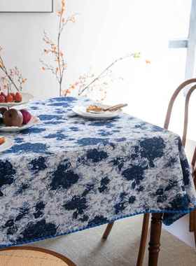 暖色调ins复古法式田园蓝色餐桌布美式田园禅意提花布艺书桌盖布