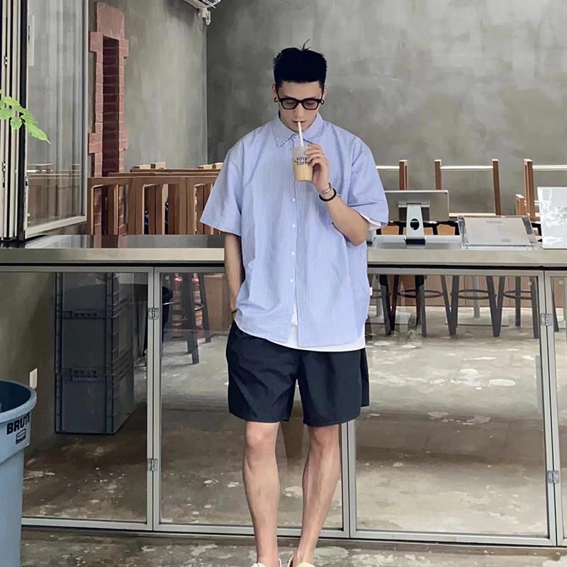 日系Cityboy棉质短袖衬衫 廓形条纹休闲男装BatterUp夏季新款