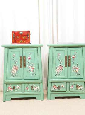 新中式实木床头柜边柜收纳柜卧室绿色小储物柜手工彩绘矮柜大容量