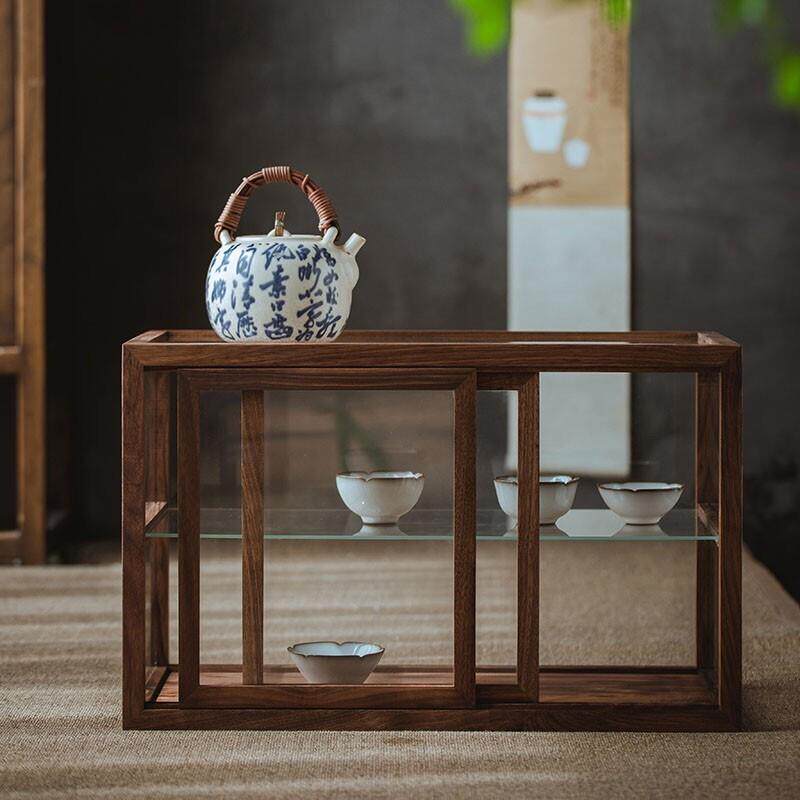 北美黑胡桃木茶具收纳柜实木防尘中式桌面茶杯家用玻璃展示置物柜