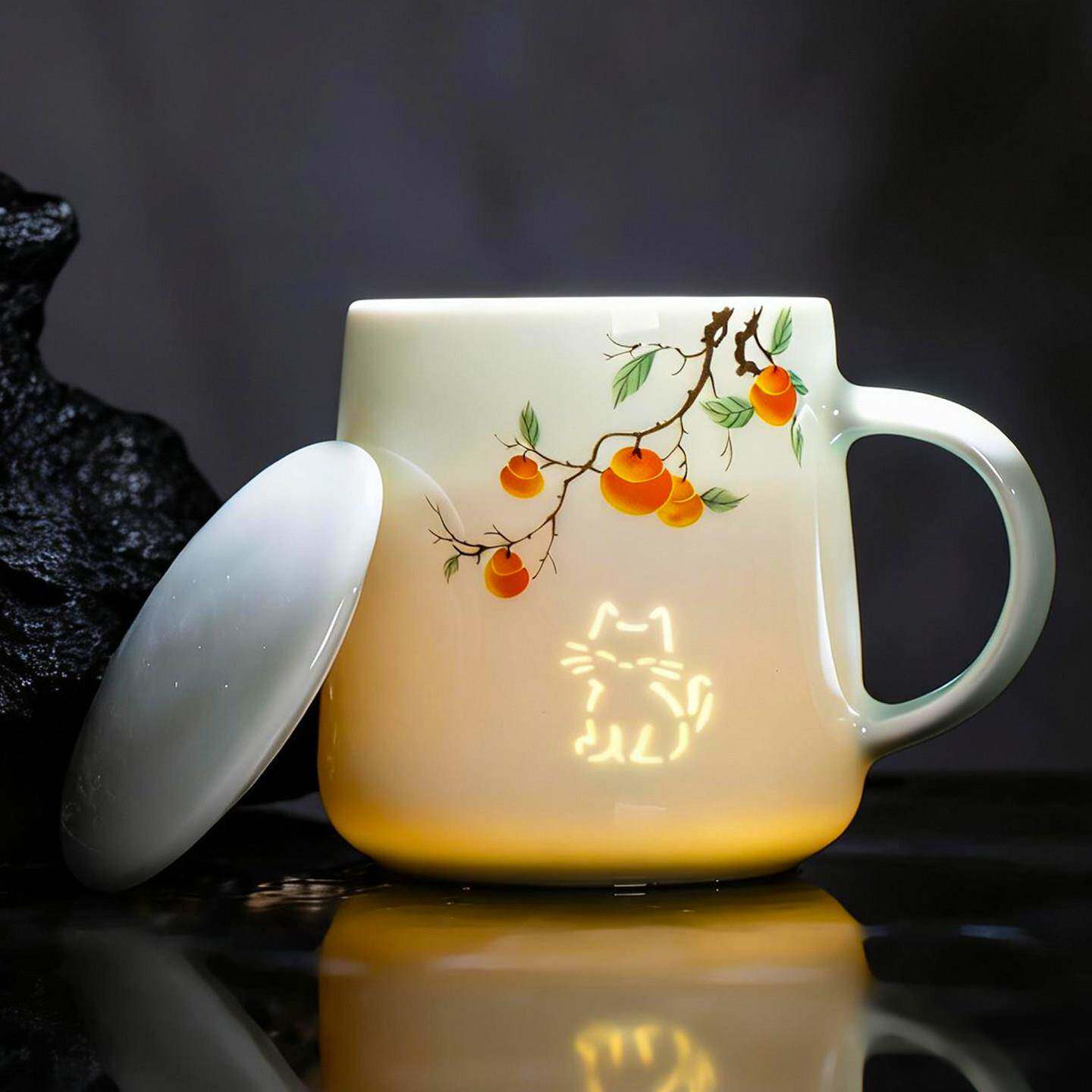 景德镇猫咪马克杯玲珑陶瓷杯子简约办公室水杯带盖茶杯礼物咖啡杯