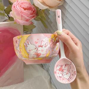 花园兔可爱饭碗家用特别好看的碗个人专用高颜值陶瓷餐具甜品碗勺