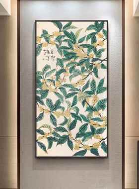 月中桂子新中式玄关走廊入户门挂画竖版壁画原木风过道桂花装饰画