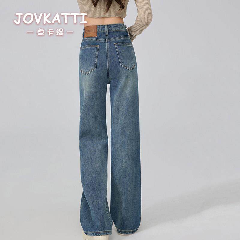 JOVKATTI港风复古chic窄版阔腿牛仔裤女高腰春夏季新款显瘦直筒裤