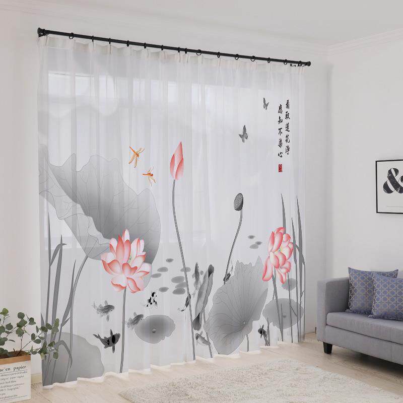中式水墨荷花窗帘窗纱中国风书房茶室卧室客厅茶楼隔断遮光飘窗帘