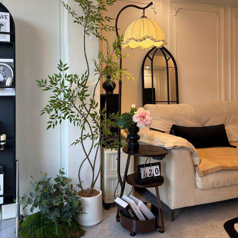 中古风客厅落地灯沙发旁边小型边几置物架法式卧室床头柜一体台灯