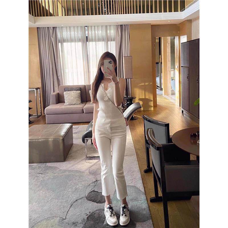 白色直筒牛仔裤女春秋季新款高腰显瘦宽松九分弹力小个子烟管裤子
