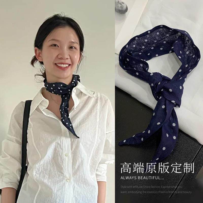 覆古文艺~日系藏青色亚麻波点丝巾女小清新森系百搭三角巾小方巾