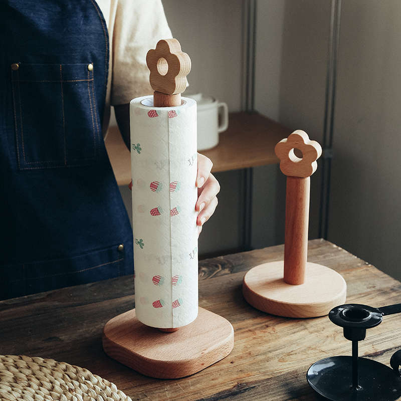 DD北欧ins榉实木立式可爱创意免打孔卷纸架厨房纸巾架花朵日式