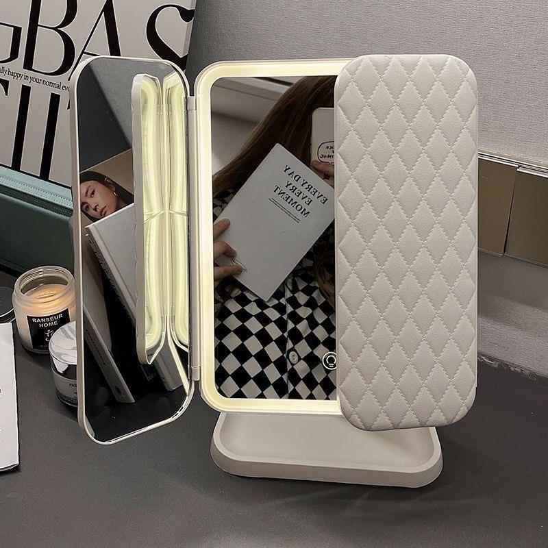 【1612次回购】LED台式化妆镜二合一体贝壳三面收纳盒折叠梳妆镜