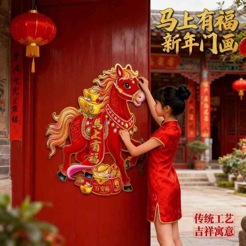 生肖门贴2026马年新款立体植绒新年春节元旦大门装饰福字对贴年画,节庆用品/礼品,福字/窗花/窗贴,淘宝优惠券,粉丝福利购,淘宝优惠卷